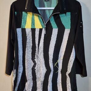 Jamie Sadock Black Top with Teal and Yellow Stripes